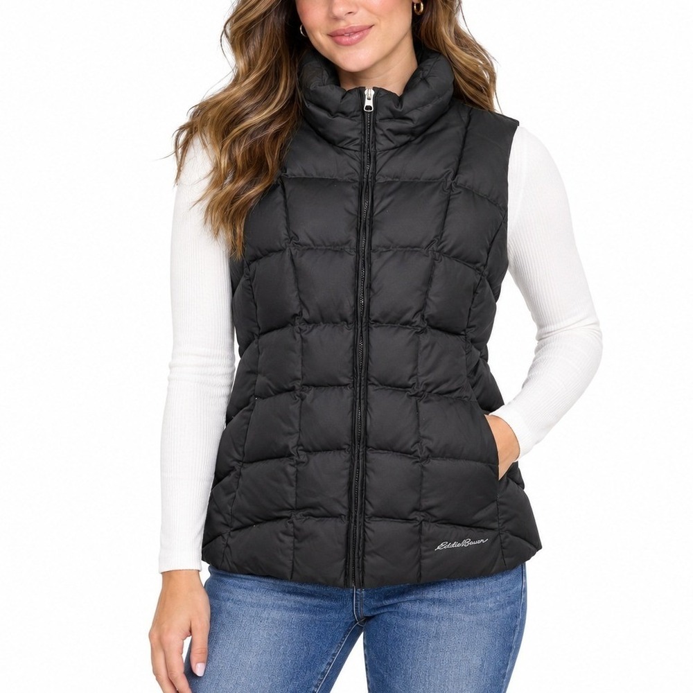 Eddie Bauer Vest Women Small Black Puffer Quilted Down Insulated D3356377 Vest